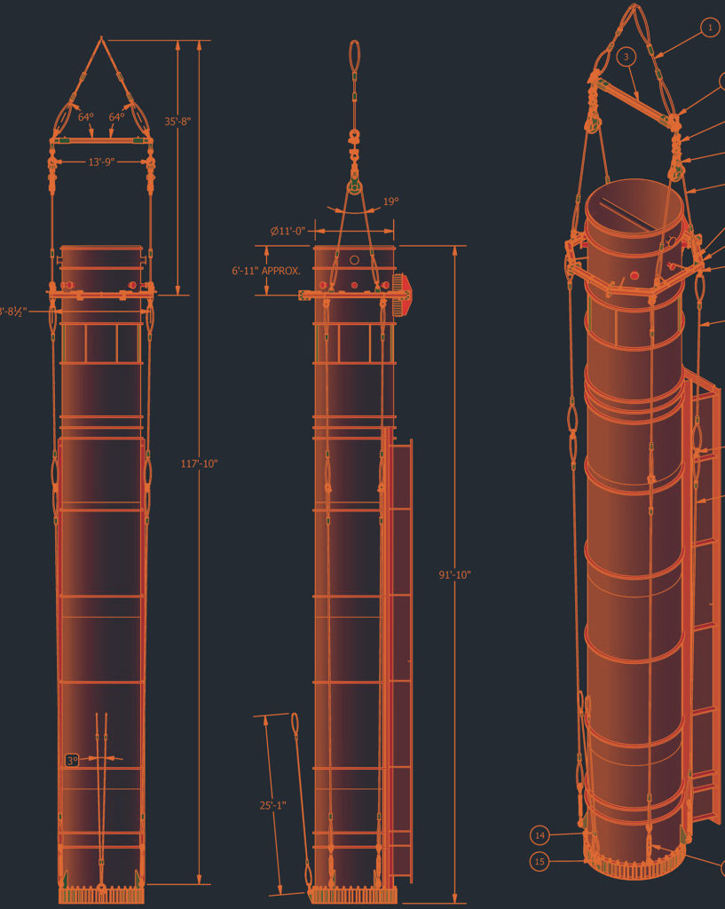 Technical drawing of a large Halo Cogen Stack, with detailed measurements and orange annotations on a dark background.