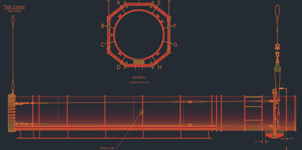 Technical drawing of a tail crane with side view, top circular Halo Cogen Stack section labeled A to H, and detailed structural points.